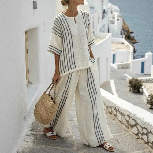 Damen leichte gestreifte Leinen Tunika und Hose Set Drune