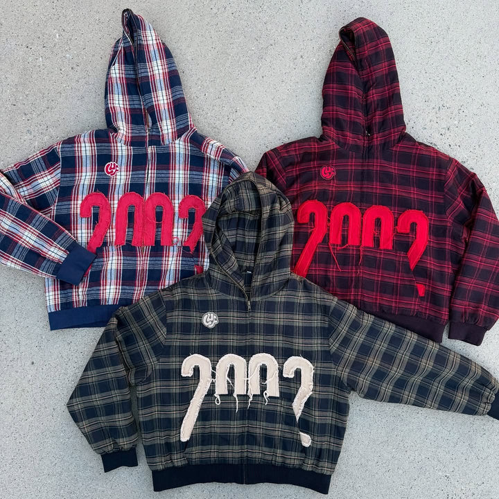 Unisex nan karierter Kapuzenpullover mit fransiger Jahreszahl-Applikation und Rippbündchen Drune