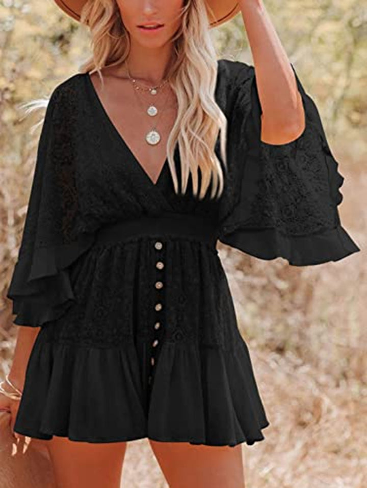 Damen Wickelkleid mit verspielten Rüschendetails und tiefem V-Ausschnitt Drune