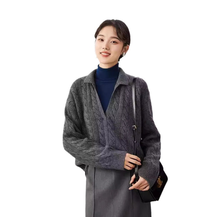 Damen Strickpullover mit V-Ausschnitt und Kabelmuster Drune