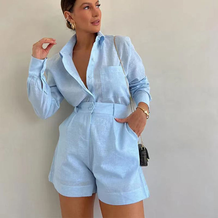 Damen Kurz-Overall mit eleganter Hemdblusen-Optik Drune