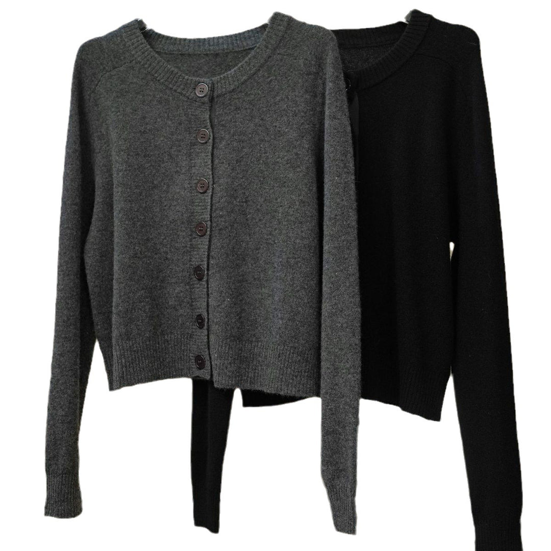 Damen Kurze Knopfleisten-Strickjacke aus flauschigem Wollmix mit Rundhalsausschnitt Drune