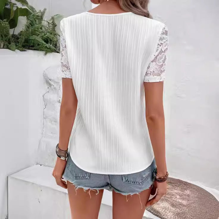 Damen Kurzarmbluse mit Spitzenärmel und Knopfdetails Drune