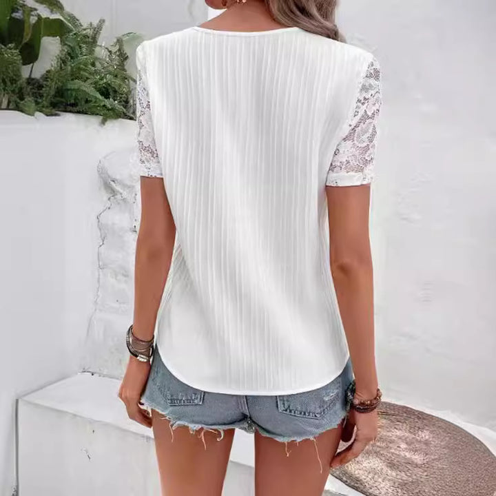 Damen Kurzarmbluse mit Spitzenärmel und Knopfdetails Drune