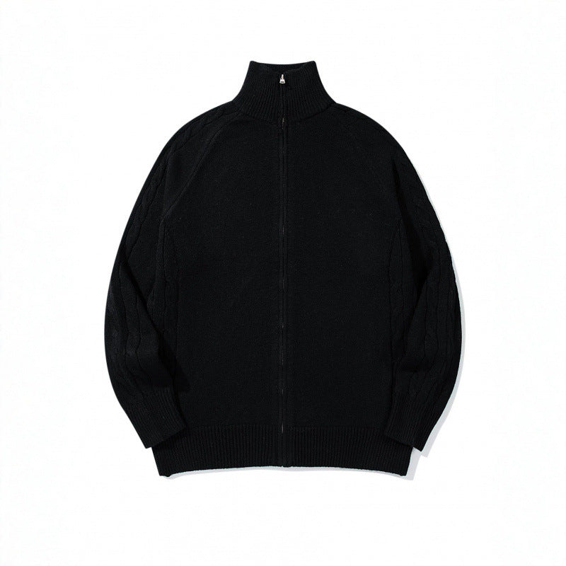 Unisex Boxy-Zip-Strickjacke mit Stehkragen, Zopfmusterärmeln und gerippten Abschlüssen Drune