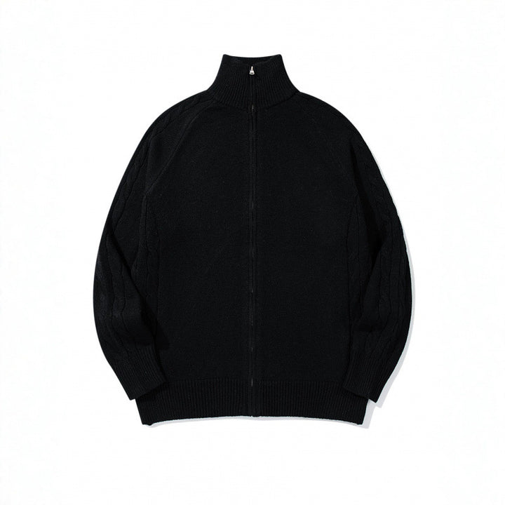Unisex Boxy-Zip-Strickjacke mit Stehkragen, Zopfmusterärmeln und gerippten Abschlüssen Drune