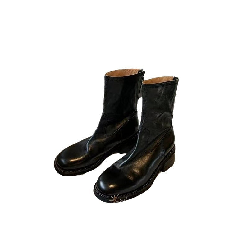 Damen Mid‑Calf Stretch-Lederstiefel mit runder Kappe und profilierter Plateausohle Drune