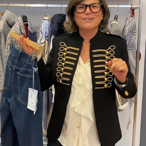 Damen Militärischer Kurzblazer mit goldener Kordel‑Litzenverzierung und Zierriegeln Drune