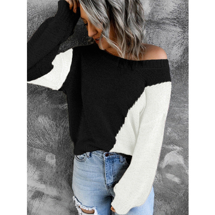 Damen Oversize Schulterfreier Strickpullover mit Colorblock-Design und weiten Ärmeln Drune