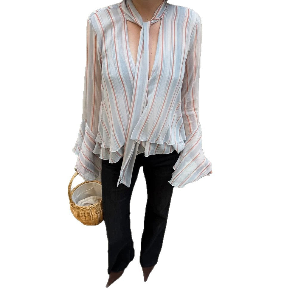 Damen Gestreifte Chiffon-Bluse mit Bindeschleife, Volant-Saum & Glockenärmeln Drune