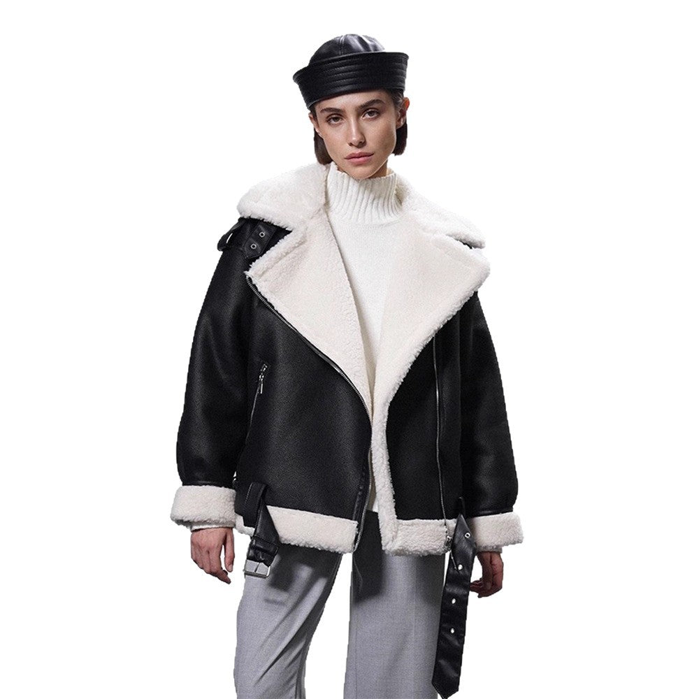 Damen Oversized Bikerjacke mit Teddyfell-Futter und verstellbaren Gürteln Drune