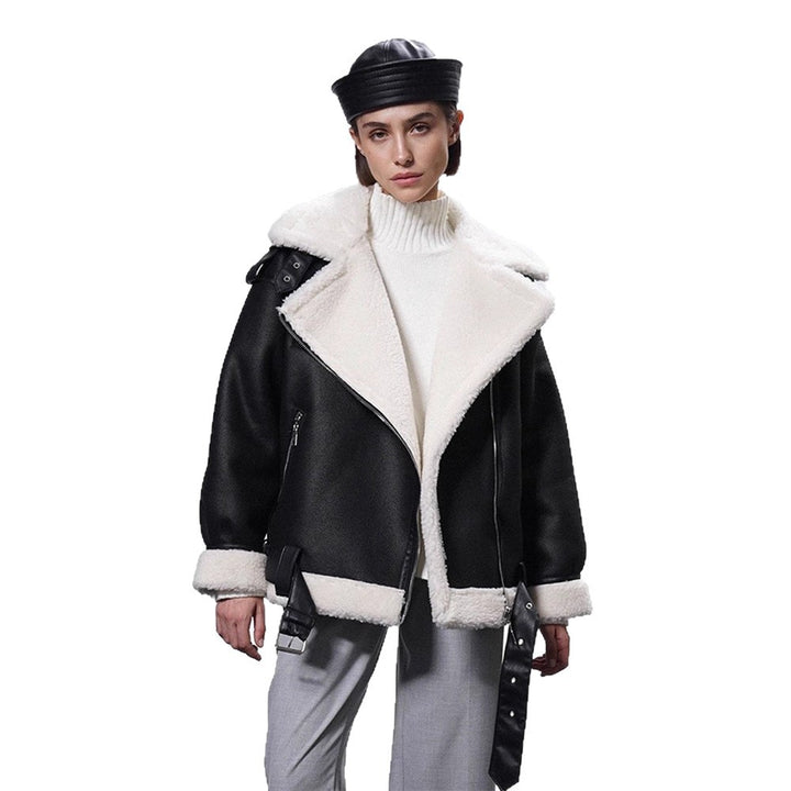 Damen Oversized Bikerjacke mit Teddyfell-Futter und verstellbaren Gürteln Drune
