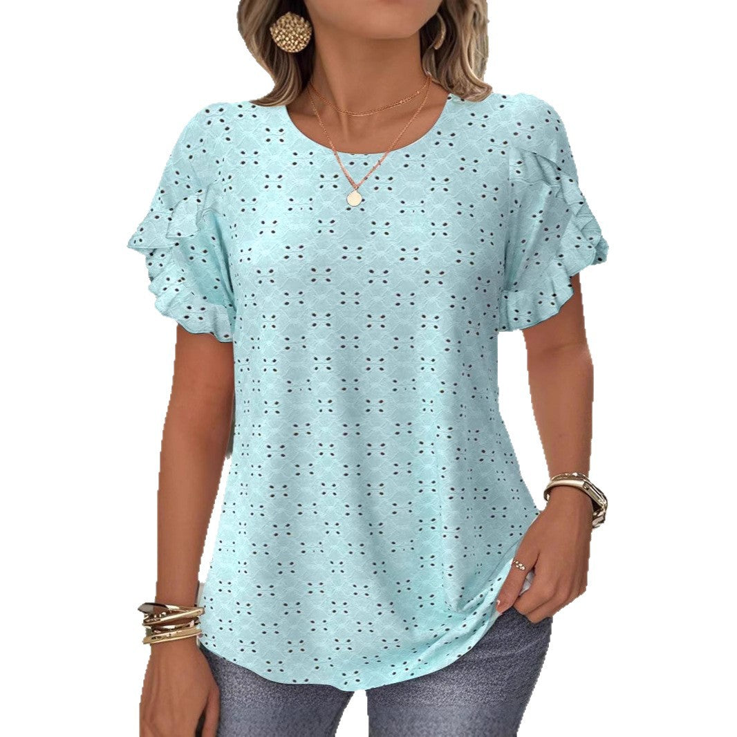 Damen nan Broderie-Anglaise-Bluse mit doppeltem Volantärmel und legerer Hüftlänge Drune