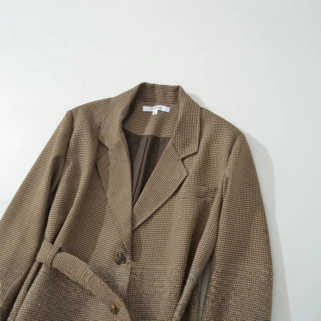 Damen Kurzblazer mit taillierendem Bindegürtel und Hahnentrittmuster Drune