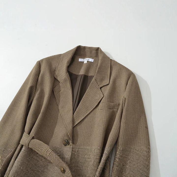Damen Kurzblazer mit taillierendem Bindegürtel und Hahnentrittmuster Drune