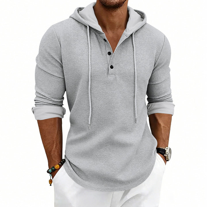 Herren Texturiertes Kapuzen-Langarmshirt mit Knopfleiste und Waffelstruktur Drune