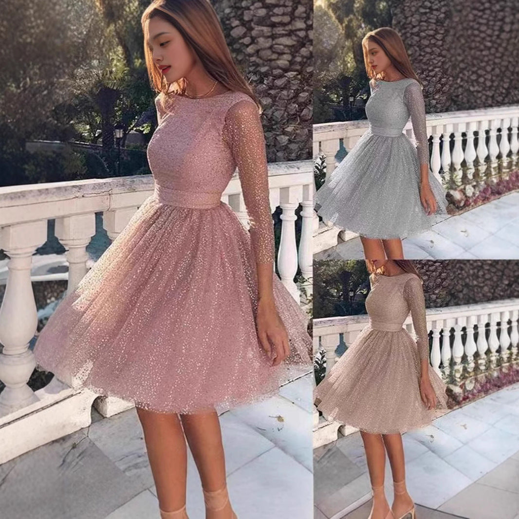Damen Glitzerndes Tüllkleid mit langen Ärmeln und schwingendem Rock Drune