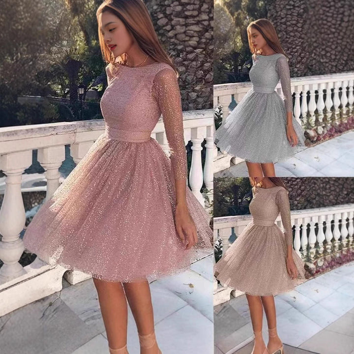 Damen Glitzerndes Tüllkleid mit langen Ärmeln und schwingendem Rock Drune