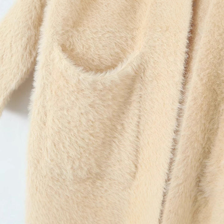 Damen Kuscheliger Langstrickmantel mit Kapuze und praktischen Taschen Drune