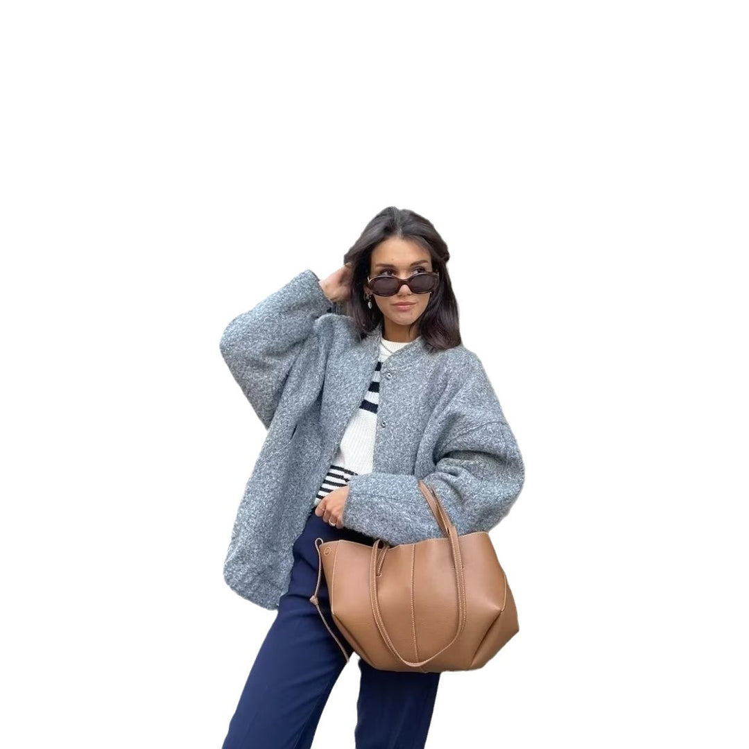 Damen nan boxy Wollmix-Blouson mit Stehkragen, verdeckter Frontleiste, Eingrifftaschen und elastischem Saum Drune