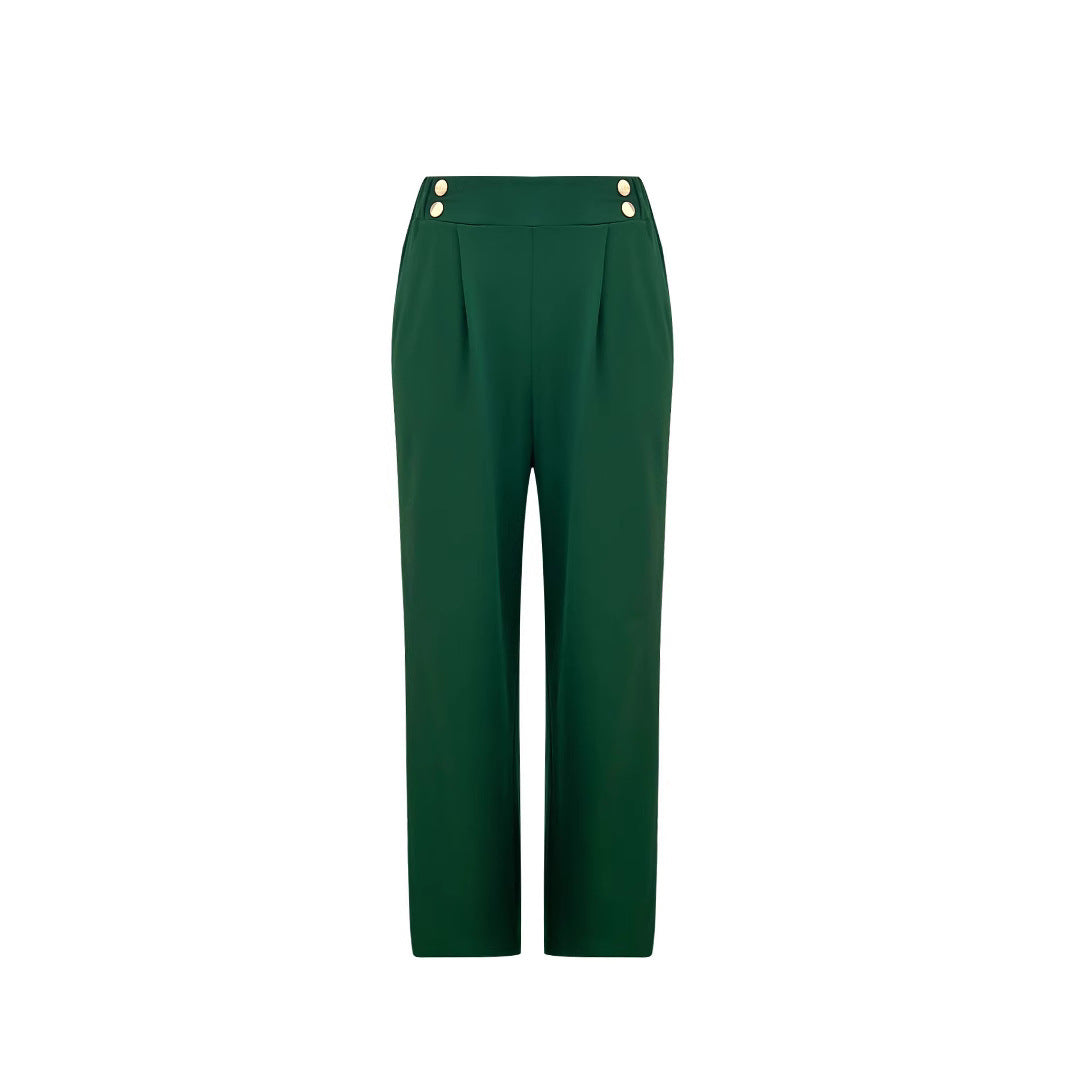 Damen Hochtaillierte Palazzo-Hose mit Zierknopfleiste, Bügelfalte und Eingrifftaschen Drune
