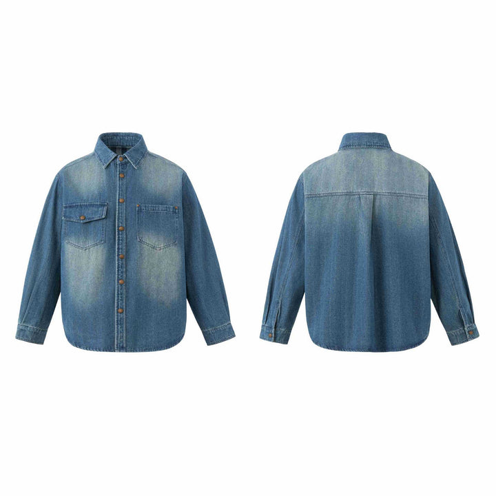 Unisex Oversize Denim‑Hemdjacke mit Druckknopfleiste und aufgesetzten Brusttaschen Drune