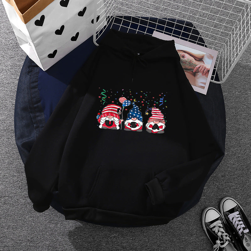 Damen nan Kapuzenpullover mit patriotischem Gartenzwerg-Print, angerautem Fleece-Innenfutter, Oversize-Schnitt und Kängurutasche Drune