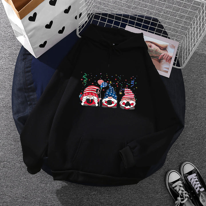 Damen nan Kapuzenpullover mit patriotischem Gartenzwerg-Print, angerautem Fleece-Innenfutter, Oversize-Schnitt und Kängurutasche Drune