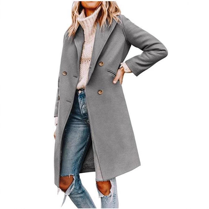 Damen eleganter, klassischer Wollmantel mit doppelter Knopfreihe und praktischen Taschen Drune