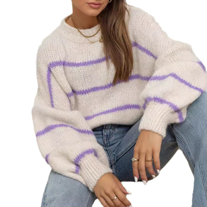 Damen grob gestrickter Pullover mit modernen Streifen und lässigem Schnitt Drune