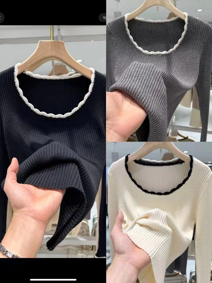 Damen Pulli mit dekorativem Wellenabschluss und feinem Rippstrick Drune