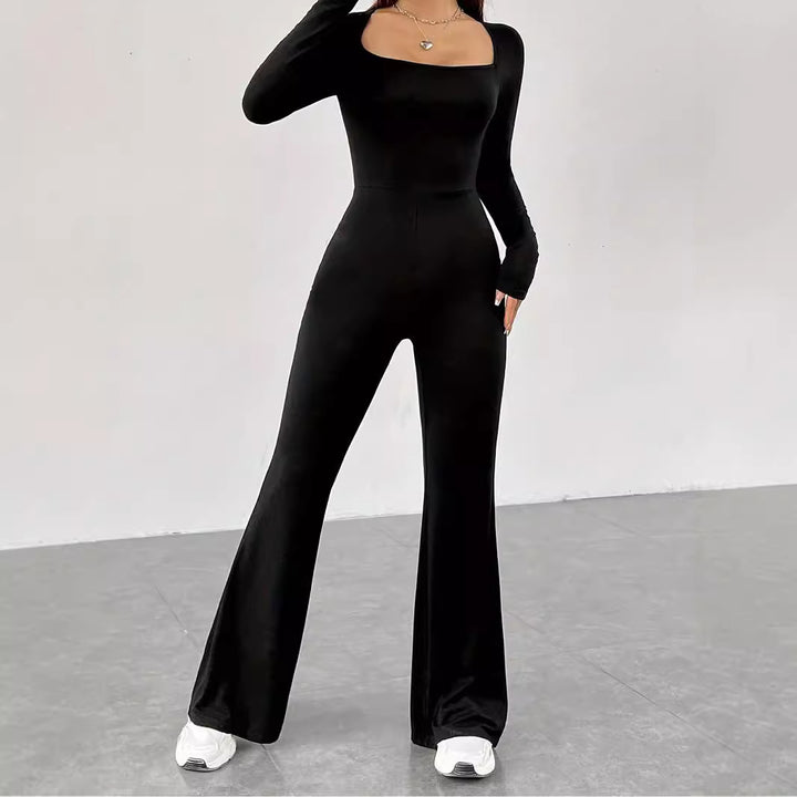 Damen Eleganter und figurbetonter Jumpsuit mit weitem Bein und langen Ärmeln Drune