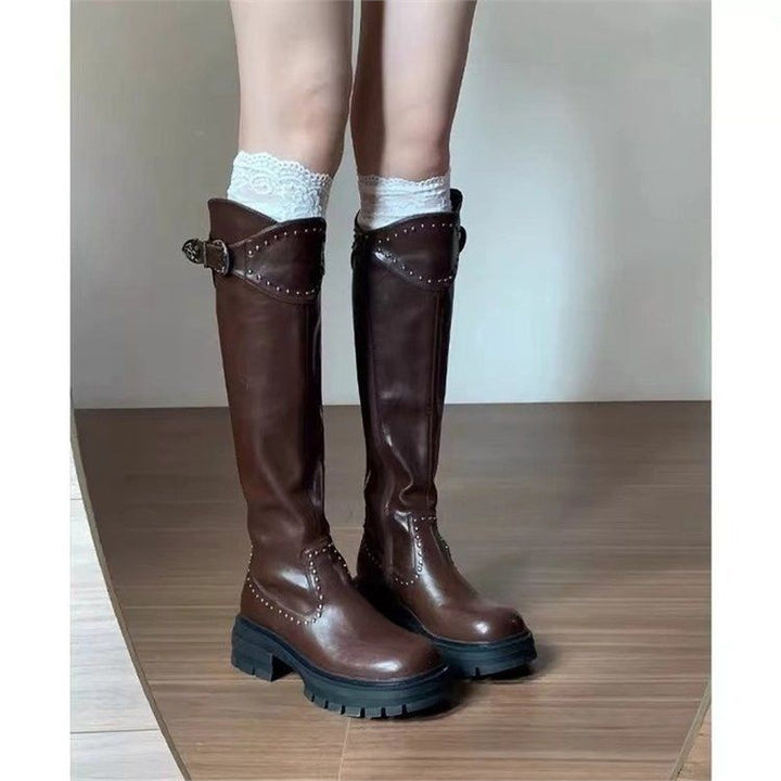 Damen kniehohe klobige Plateau-Bikerstiefel mit Nieten und Schnallenriemen Drune