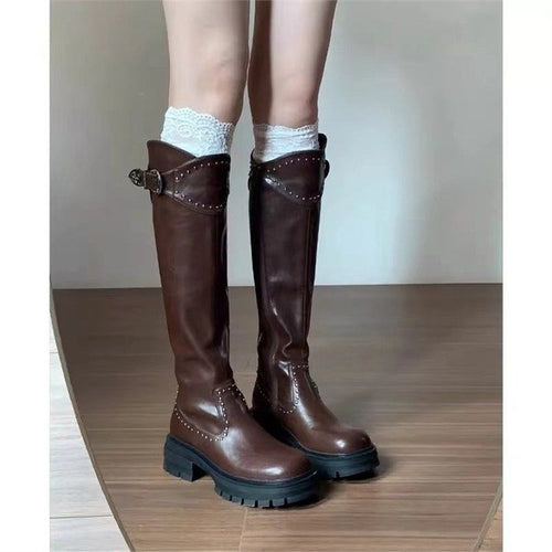 Damen kniehohe klobige Plateau-Bikerstiefel mit Nieten und Schnallenriemen Drune