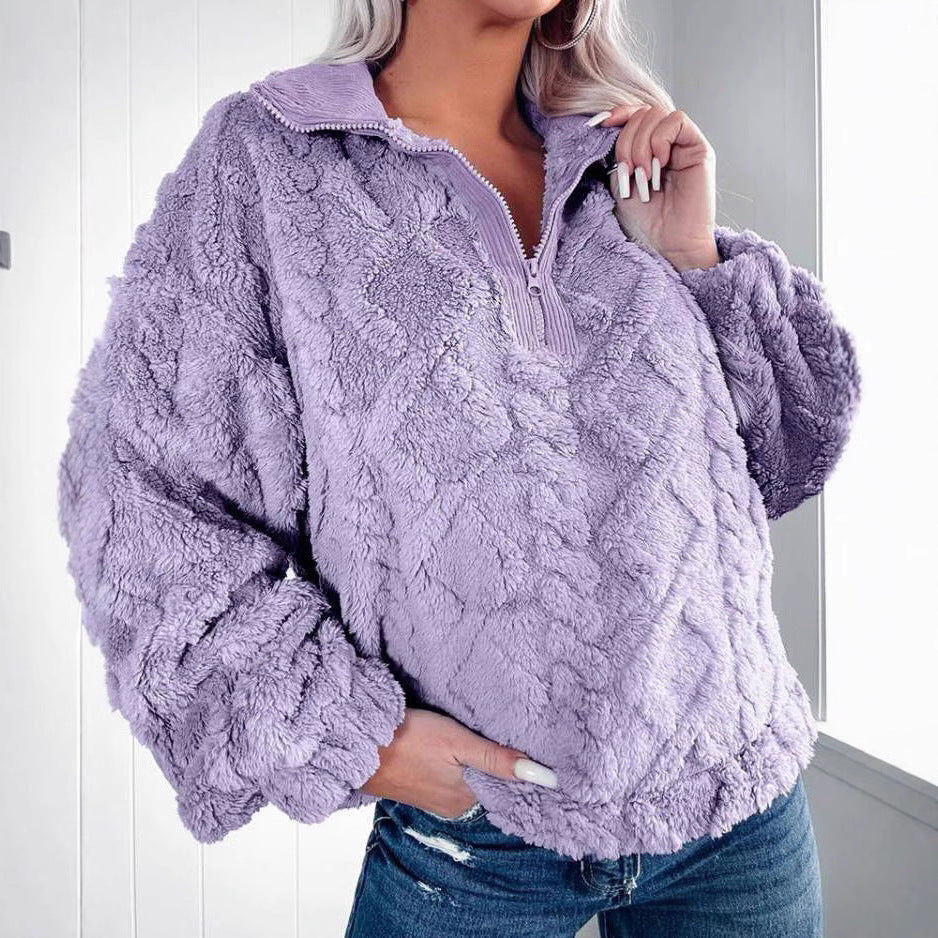 Damen Kuschelige Fleece-Pullover mit Reißverschluss und Wabenmuster Drune