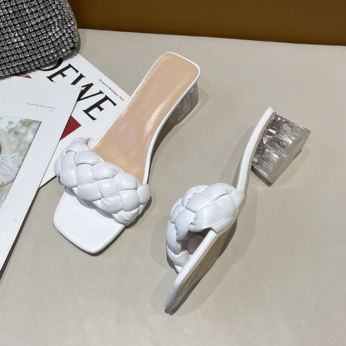 Damen Mules mit geflochtenem Riemen und transparentem Blockabsatz Drune