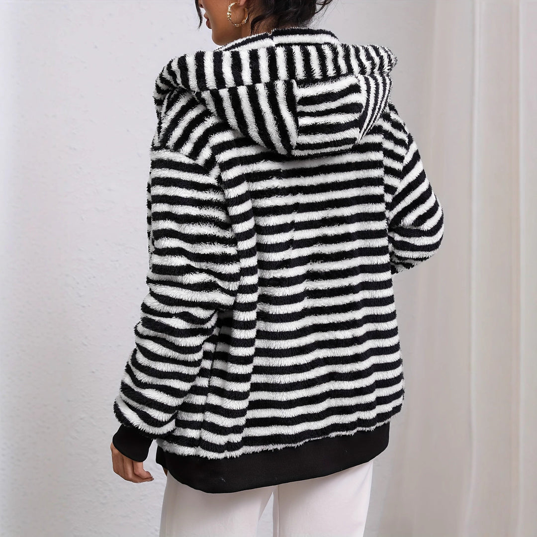 Damen kuschelige Kapuzenjacke mit gestreiftem Design und großer Tasche Drune