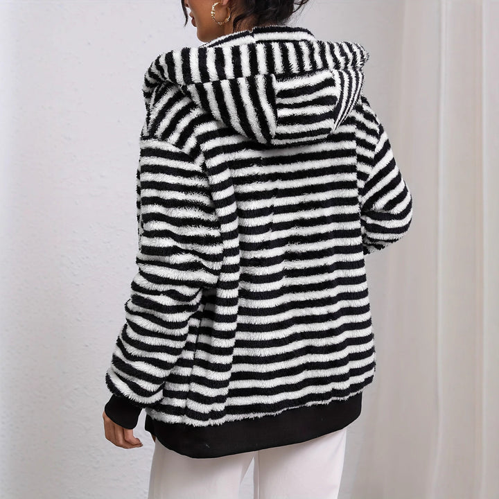 Damen kuschelige Kapuzenjacke mit gestreiftem Design und großer Tasche Drune