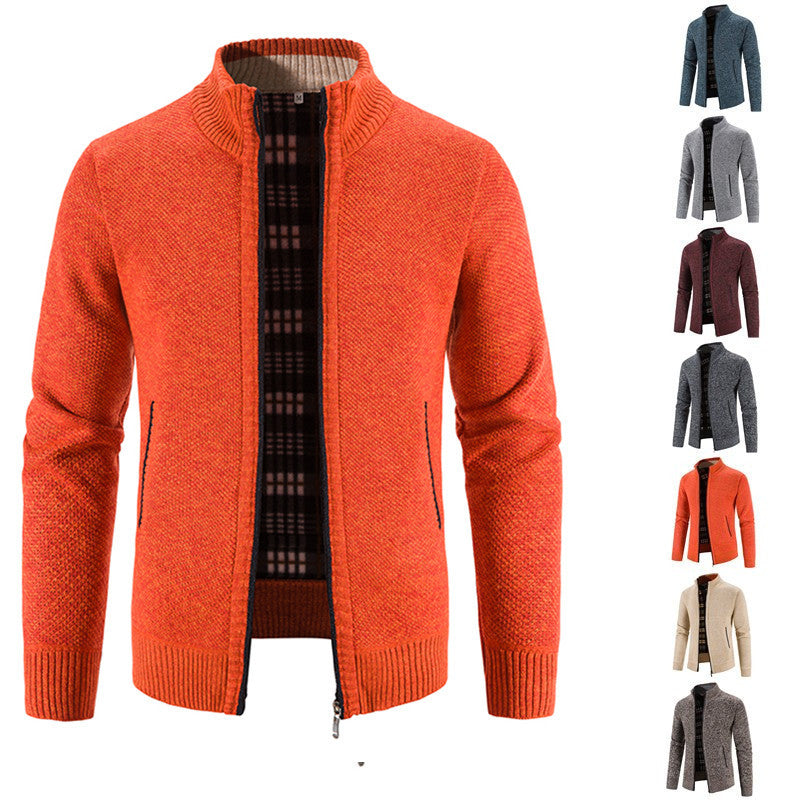 Herren nan Strickjacke mit durchgehendem Reißverschluss, Stehkragen und kariertem Futter Drune
