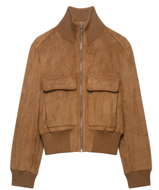 Damen Kurzer Veloursleder‑Bomber mit Stehkragen, aufgesetzten Klappentaschen und Rippenbündchen Drune