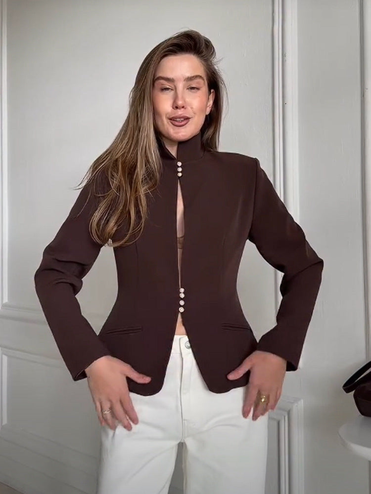 Damen Taillierter Blazer mit Stehkragen und Perlenknopf-Leiste Drune