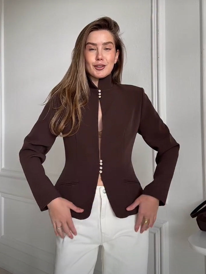 Damen Taillierter Blazer mit Stehkragen und Perlenknopf-Leiste Drune
