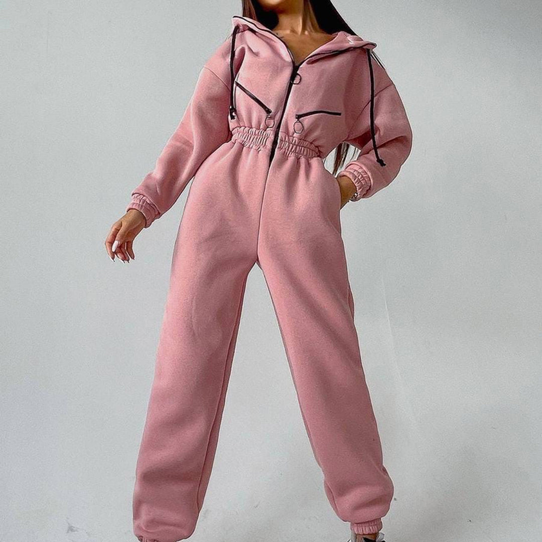 Damen taillierter Kapuzen-Jumpsuit mit elastischem Bund und markanten Kontrast-Reißverschlüssen Drune