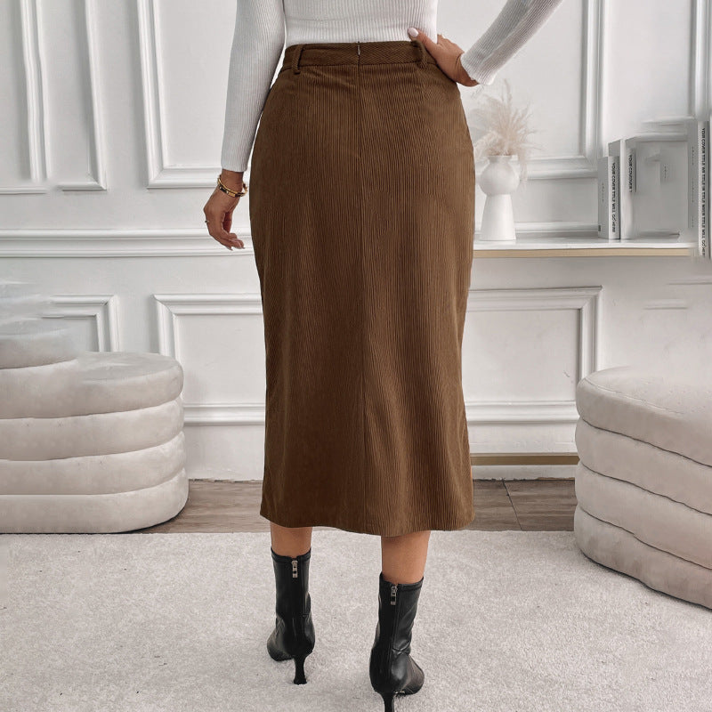 Damen Cord-Midirock mit hohem Bund, Eingrifftaschen und mittigem Schlitz Drune