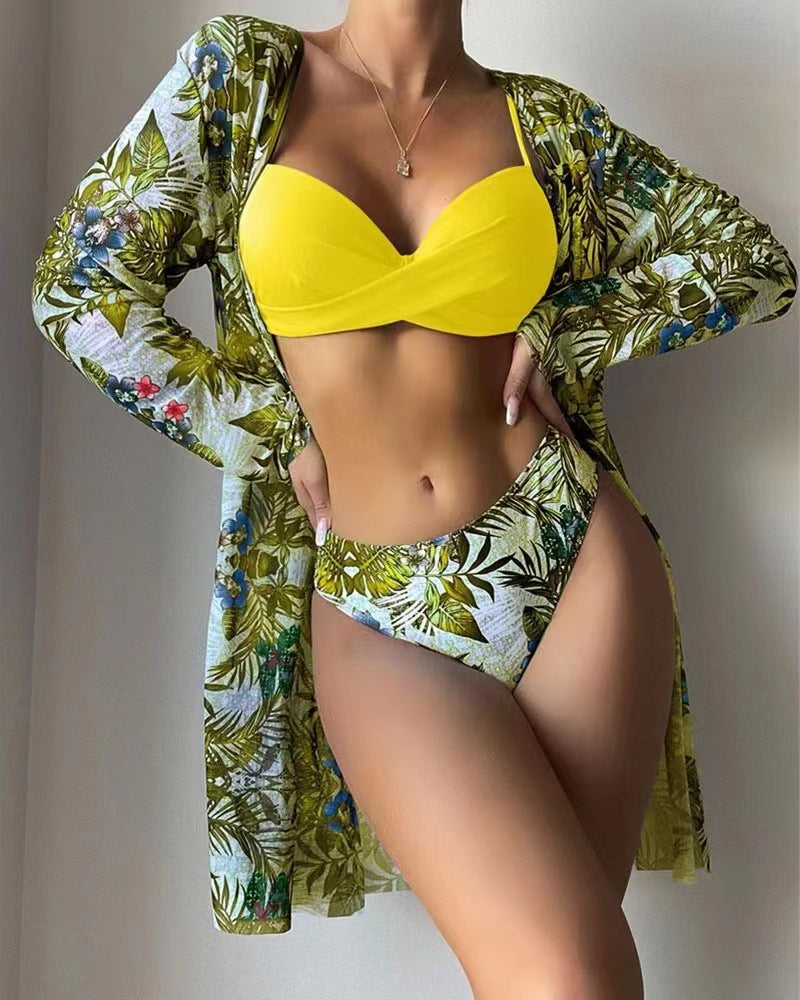 Damen Strand-Bikini mit floralen Verzierungen und elegantem Kimono Drune
