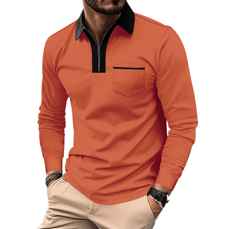 Herren nan elegantes Langarm-Poloshirt mit markantem Stehkragen Metall-Kurzreißverschluss und Brustleistentasche Drune