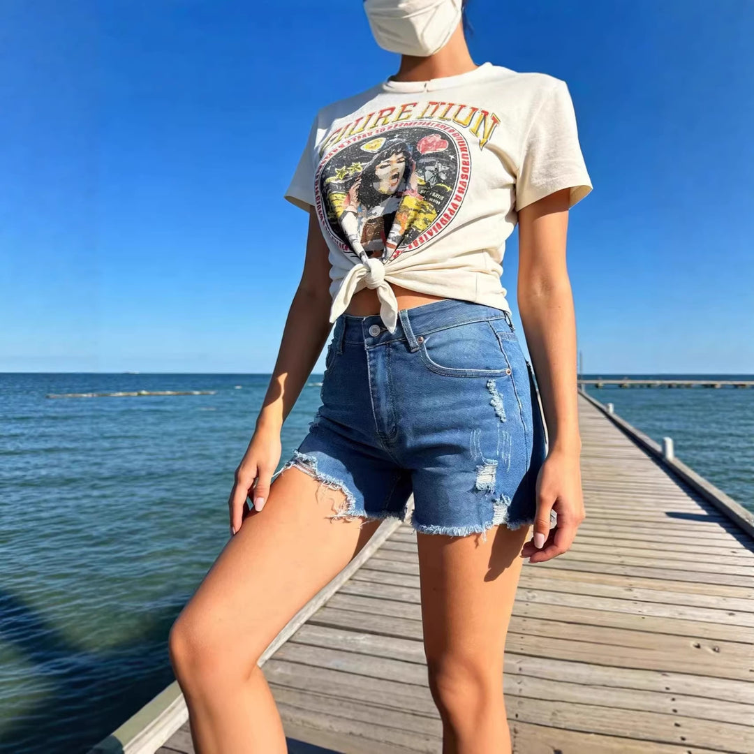 Damen Destroyed Denim-Shorts mit fransigem Saum und stylischen Rissdetails Drune