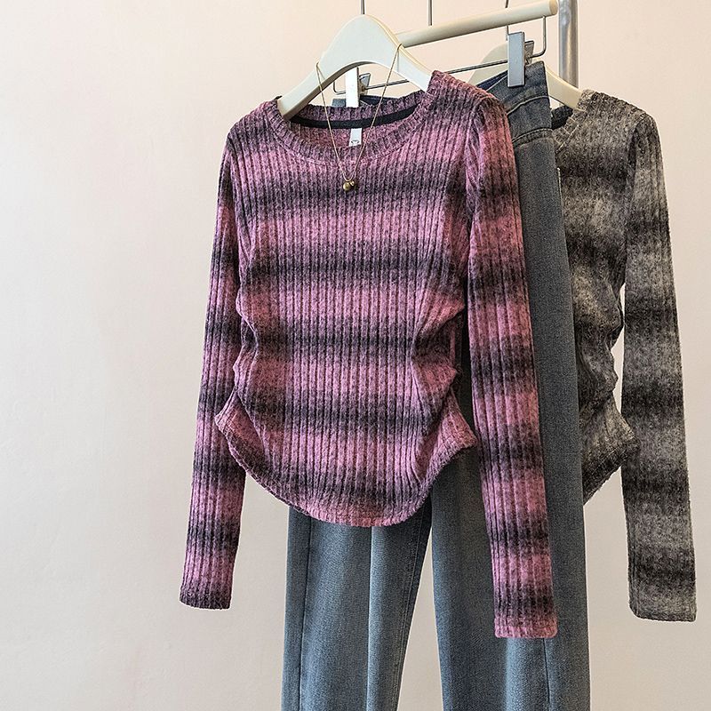 Damen Legeres Langarm-Shirt mit gestreiftem Rippmuster Drune