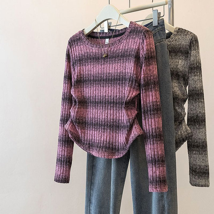 Damen Legeres Langarm-Shirt mit gestreiftem Rippmuster Drune