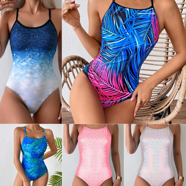 Damen Sportlicher Badeanzug mit modernem Pflanzenmuster Drune